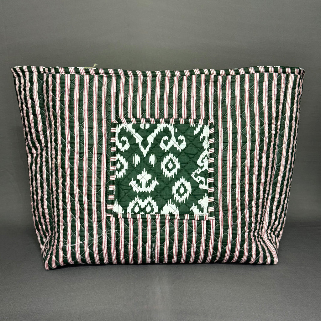 Zipper Dark Green Quilted Ikkat Print Spacious light weight Cotton Tote Bag