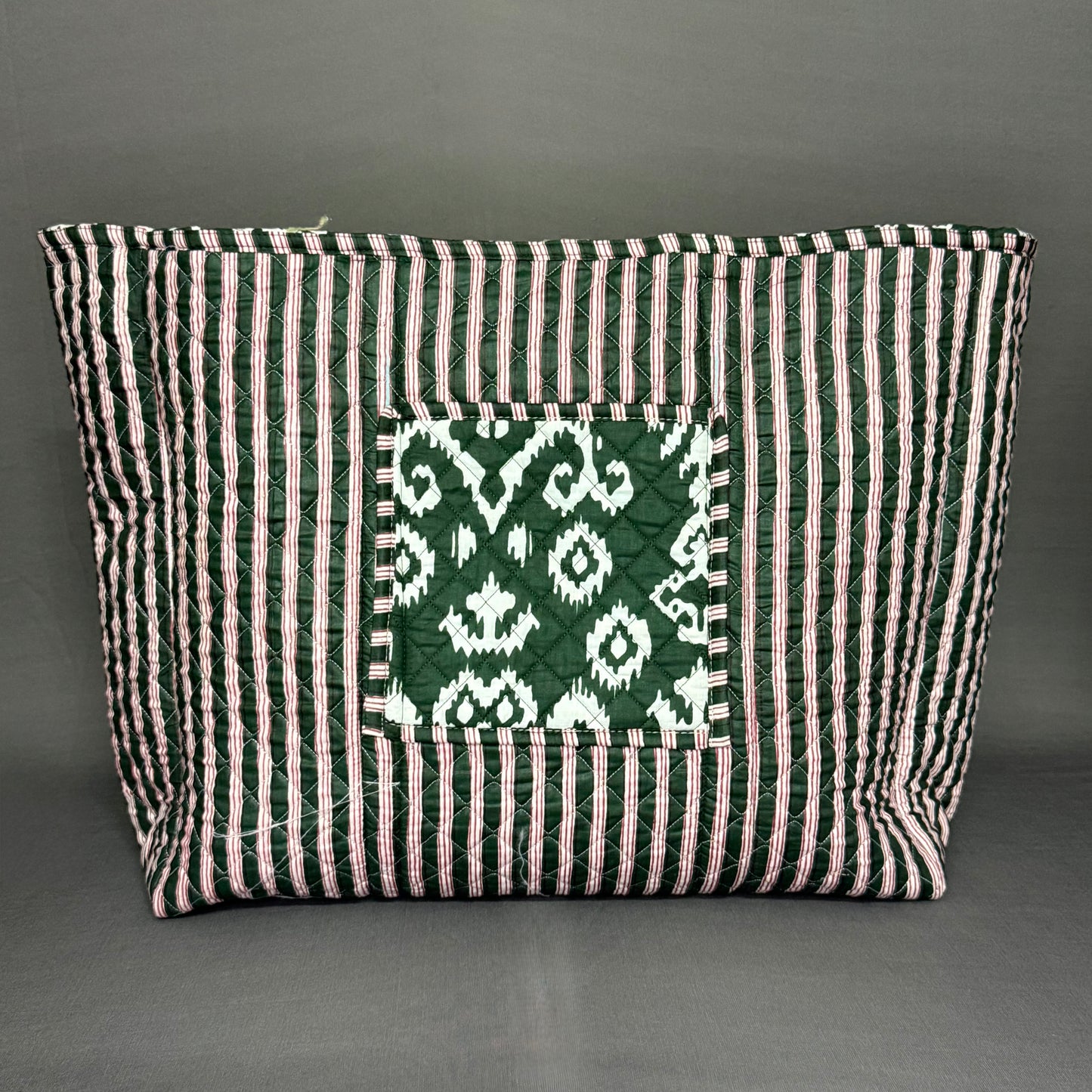 Reversible Green Quilted Ikkat Print Spacious light weight Cotton Tote Bag