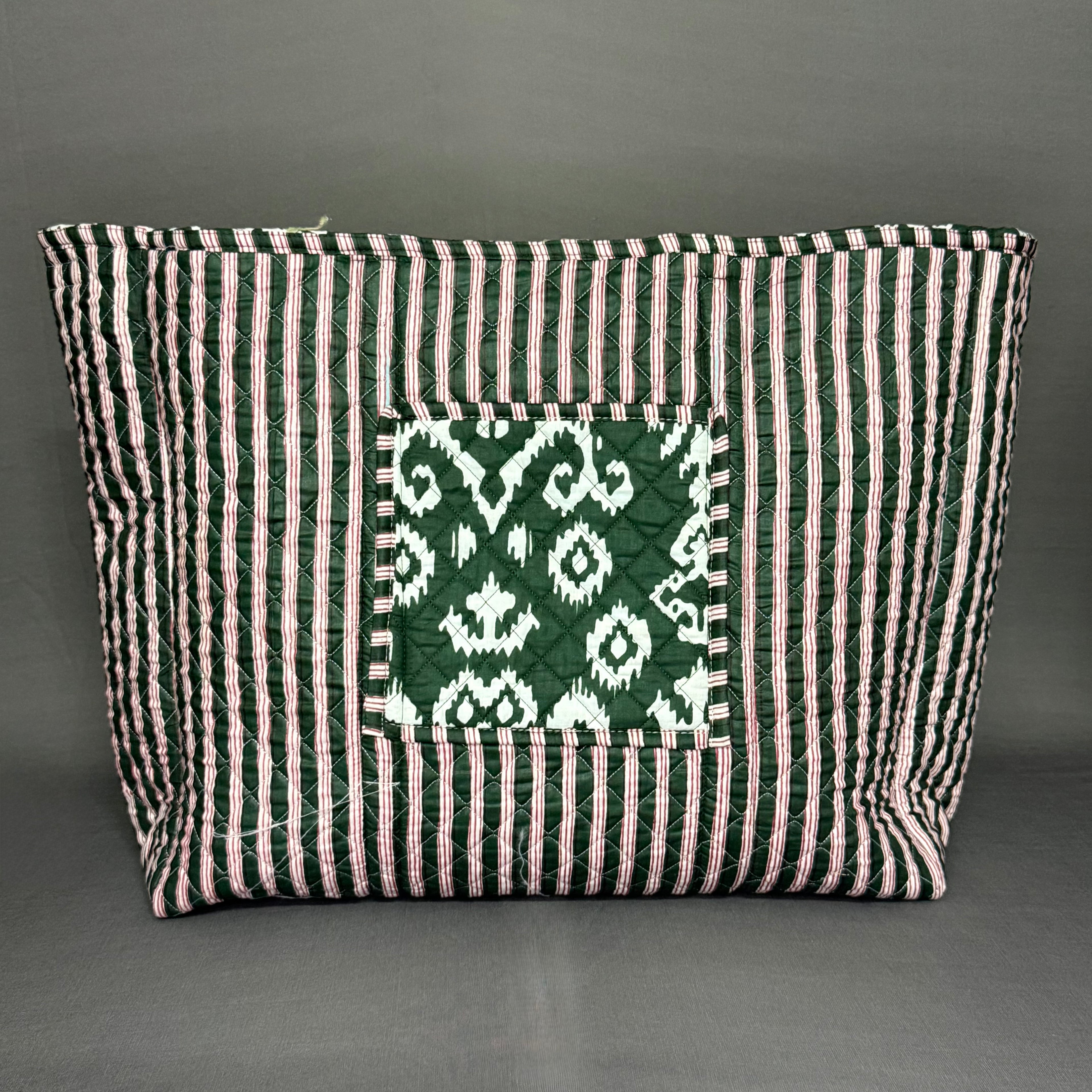 Dark Green Ikkat Print Reversible Cotton Hand Block Print Tote Bag