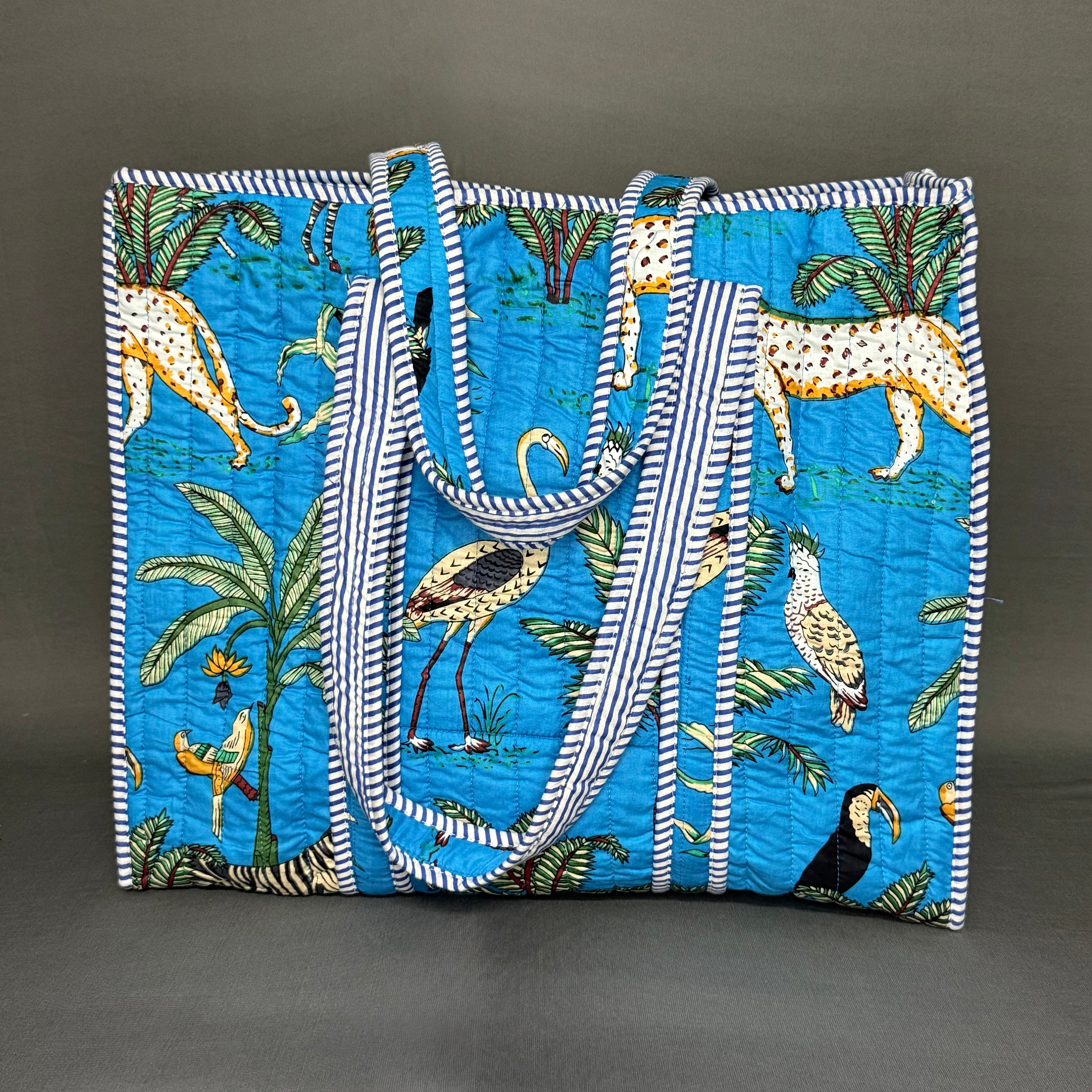 Blue Color Jungle print cotton quilted Zipper Tote Bag