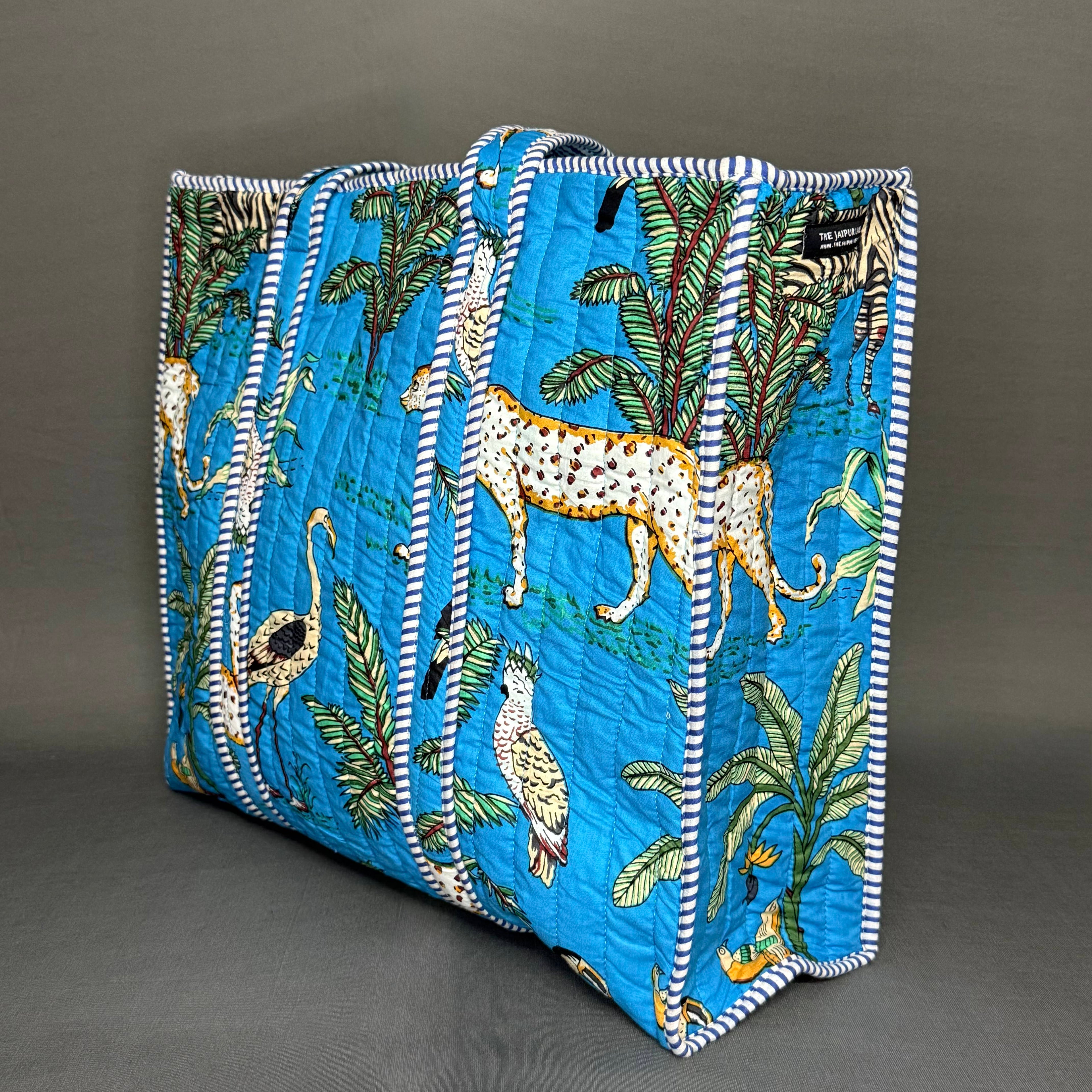 Blue Color Jungle print cotton quilted Zipper Tote Bag