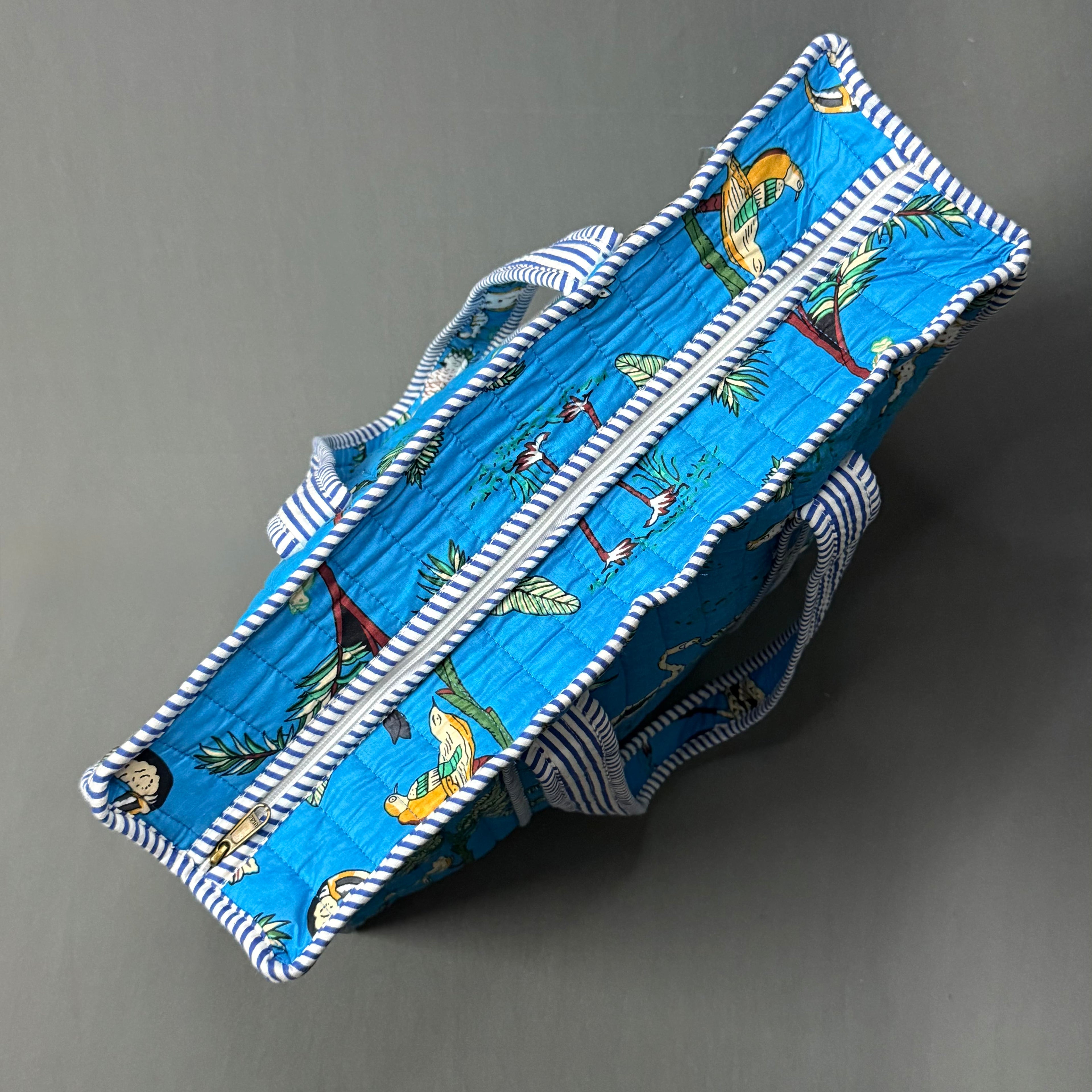 Blue Color Jungle print cotton quilted Zipper Tote Bag