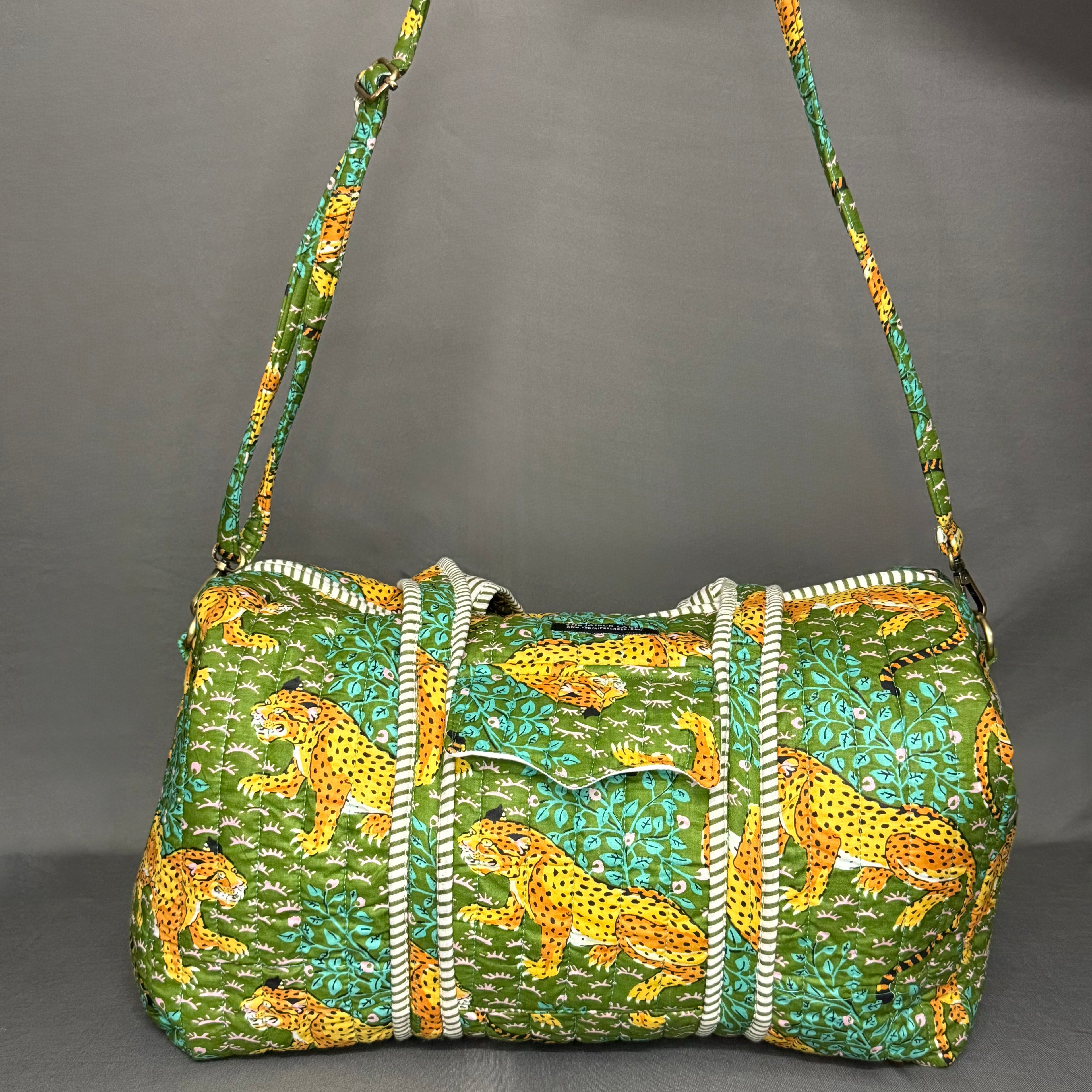 Hand Block Printed Jungle Duffle Bag – Green Cheetah Print Cotton Travel Bag