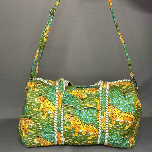 Hand Block Printed Jungle Duffle Bag – Green Cheetah Print Cotton Travel Bag
