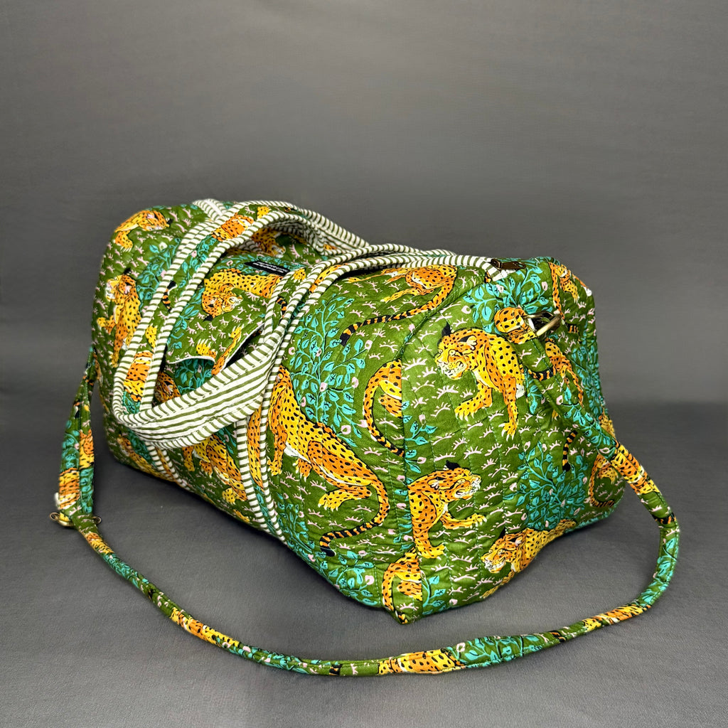 Hand Block Printed Jungle Duffle Bag – Green Cheetah Print Cotton Travel Bag