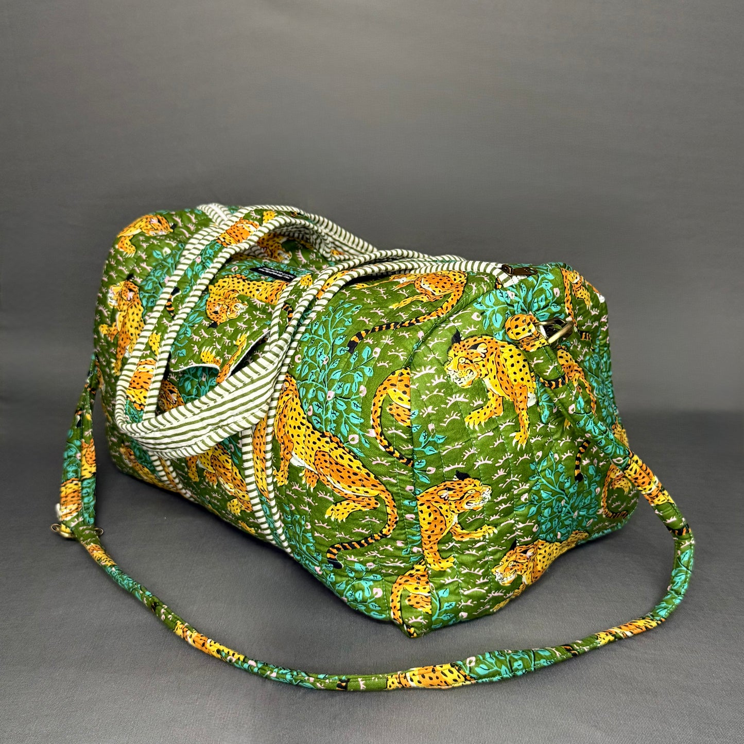 Hand Block Printed Jungle Duffle Bag – Green Cheetah Print Cotton Travel Bag