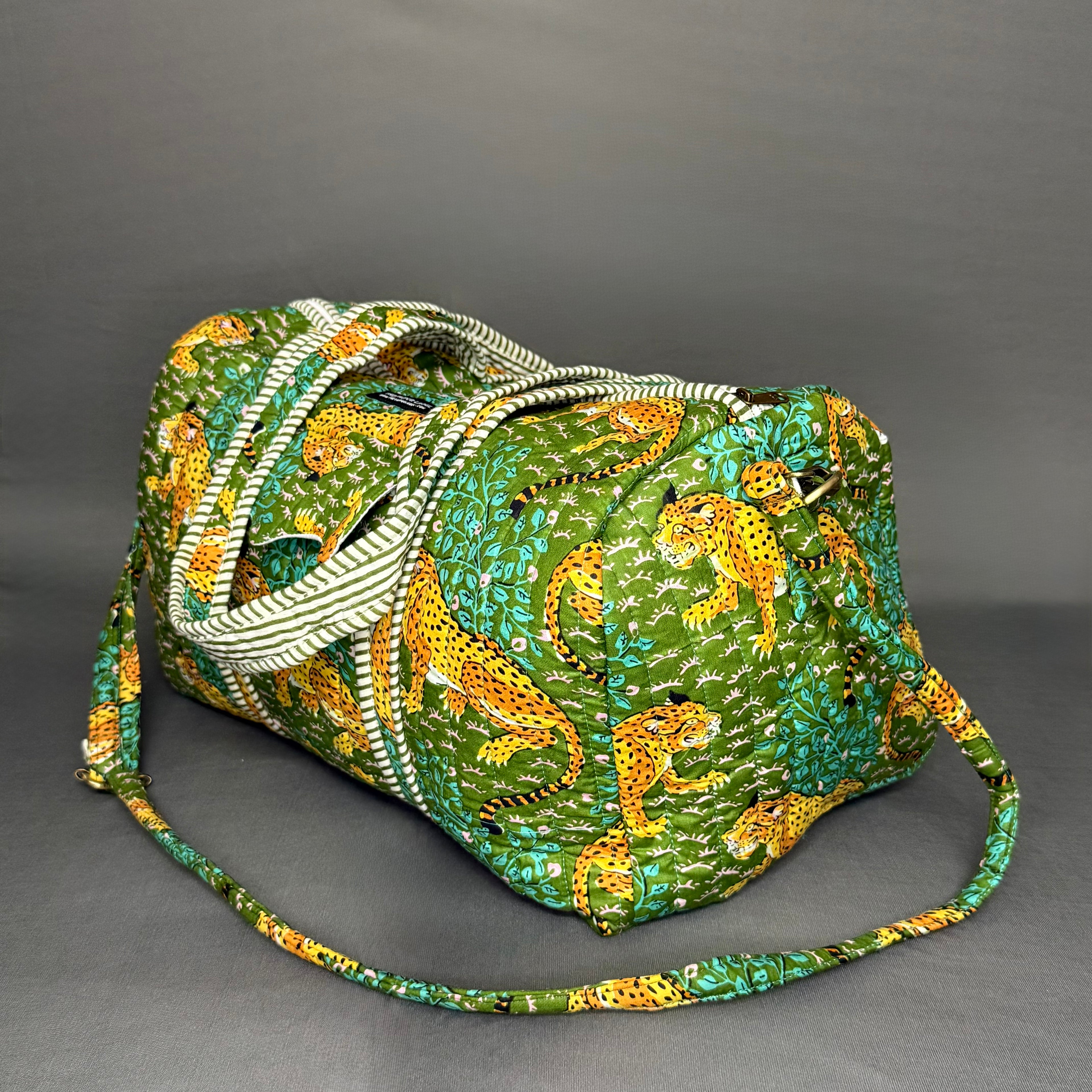 Hand Block Printed Jungle Duffle Bag – Green Cheetah Print Cotton Travel Bag