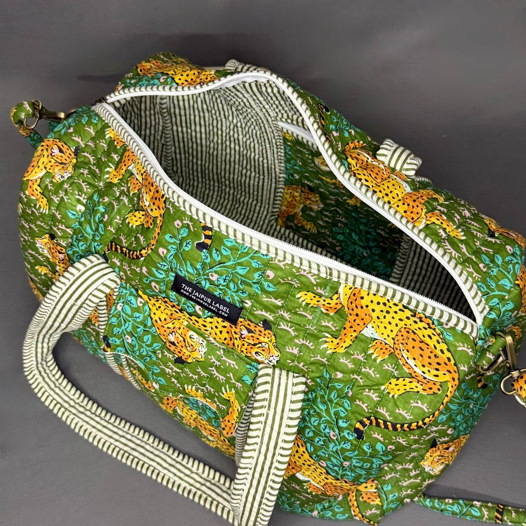 Hand Block Printed Jungle Duffle Bag – Green Cheetah Print Cotton Travel Bag