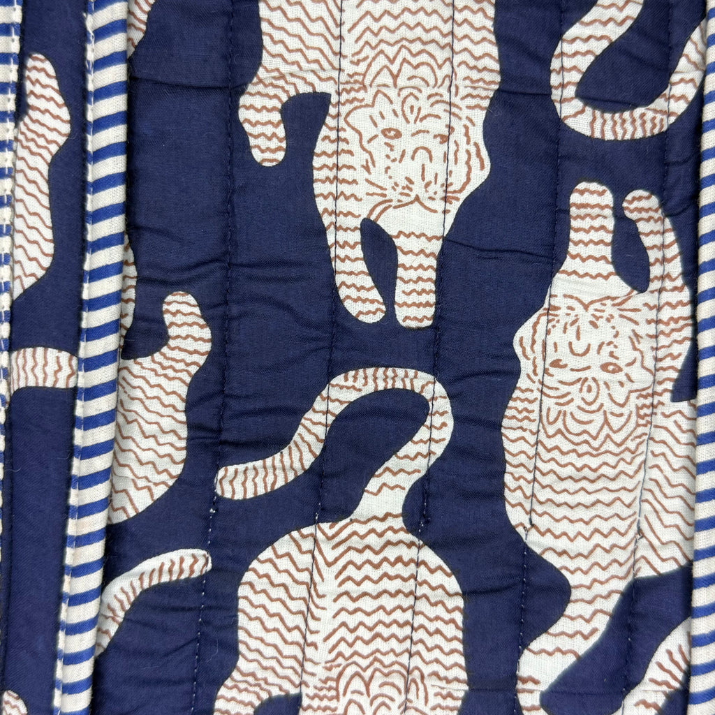 Designer Hand Block Printed Blue Duffle Bag with Tiger Print