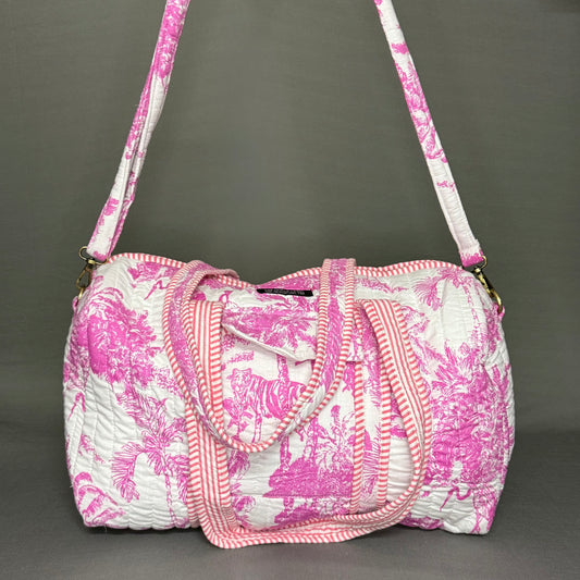Jaipur Jungle print bright Pink color cotton quilted Duffle bag