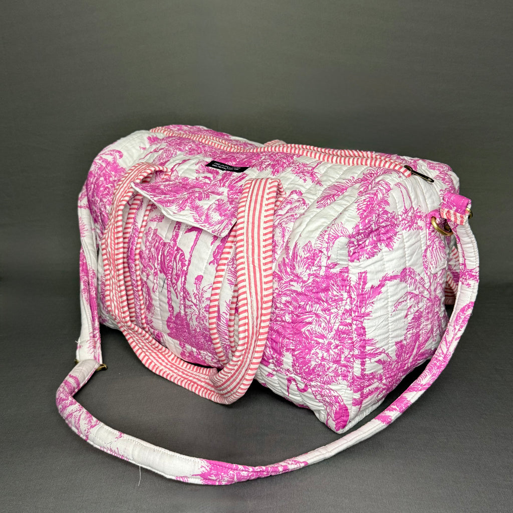 Jaipur Jungle print bright Pink color cotton quilted Duffle bag