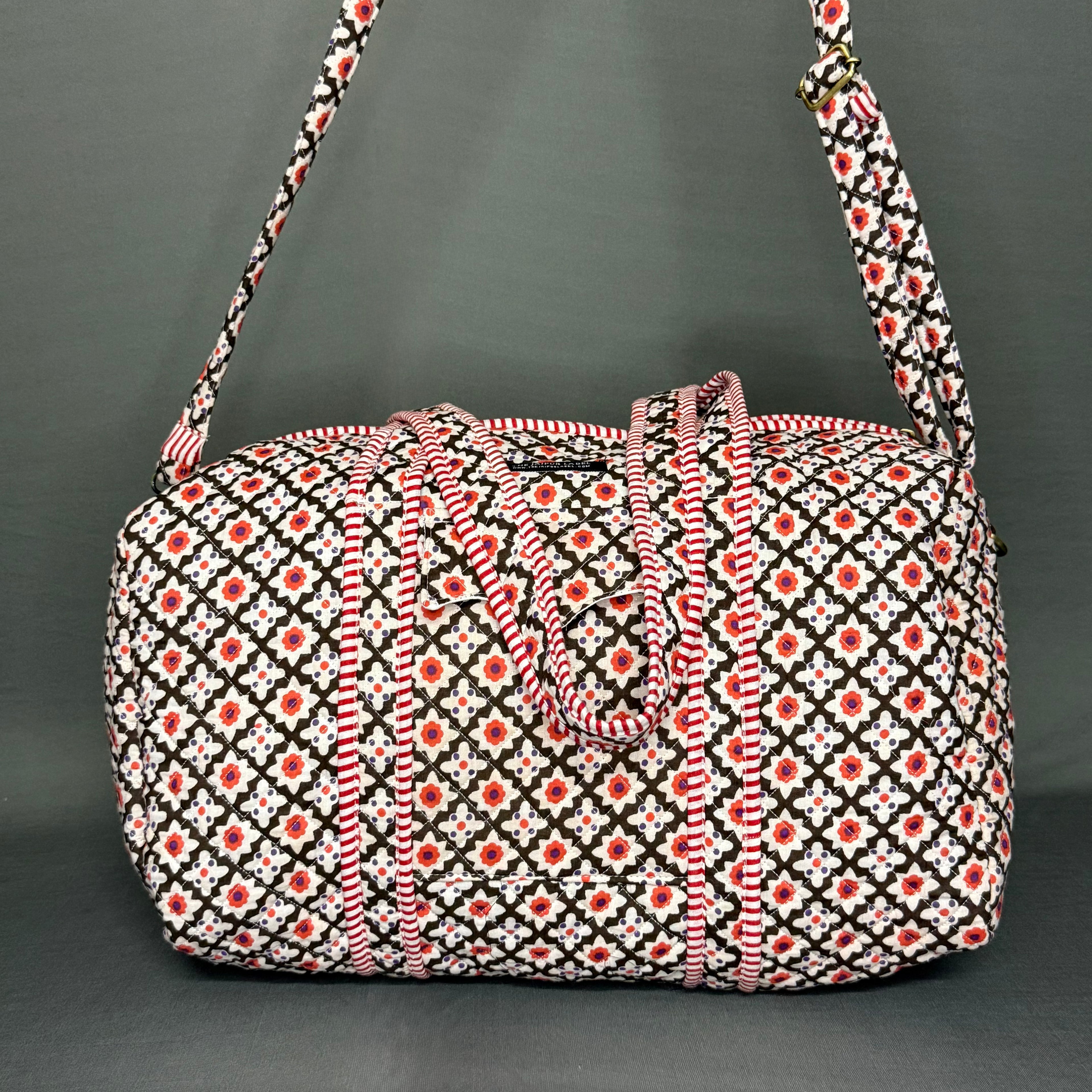 Black & Red White Floral Print Designer Pure Cotton Duffle bag