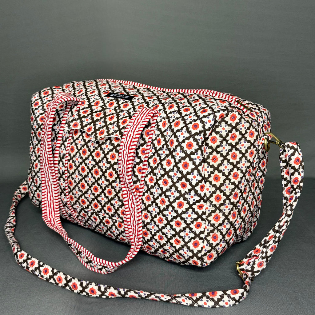 Black & Red White Floral Print Designer Pure Cotton Duffle bag