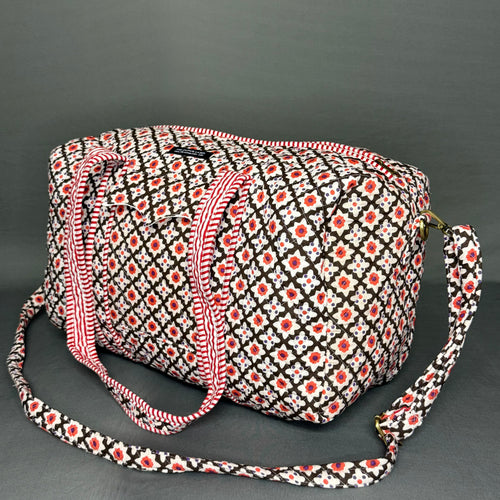 Black & Red White Floral Print Designer Pure Cotton Duffle bag