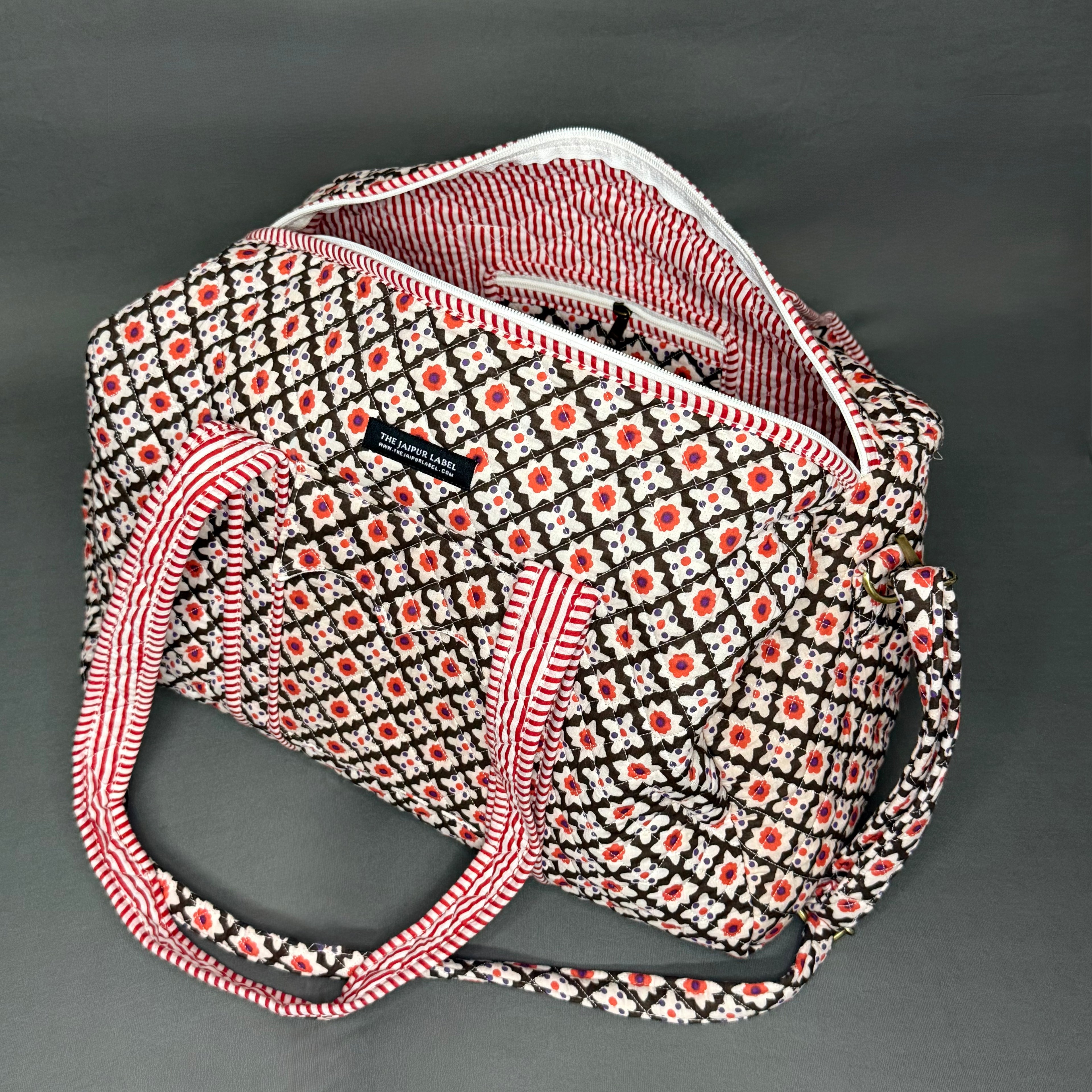 Black & Red White Floral Print Designer Pure Cotton Duffle bag