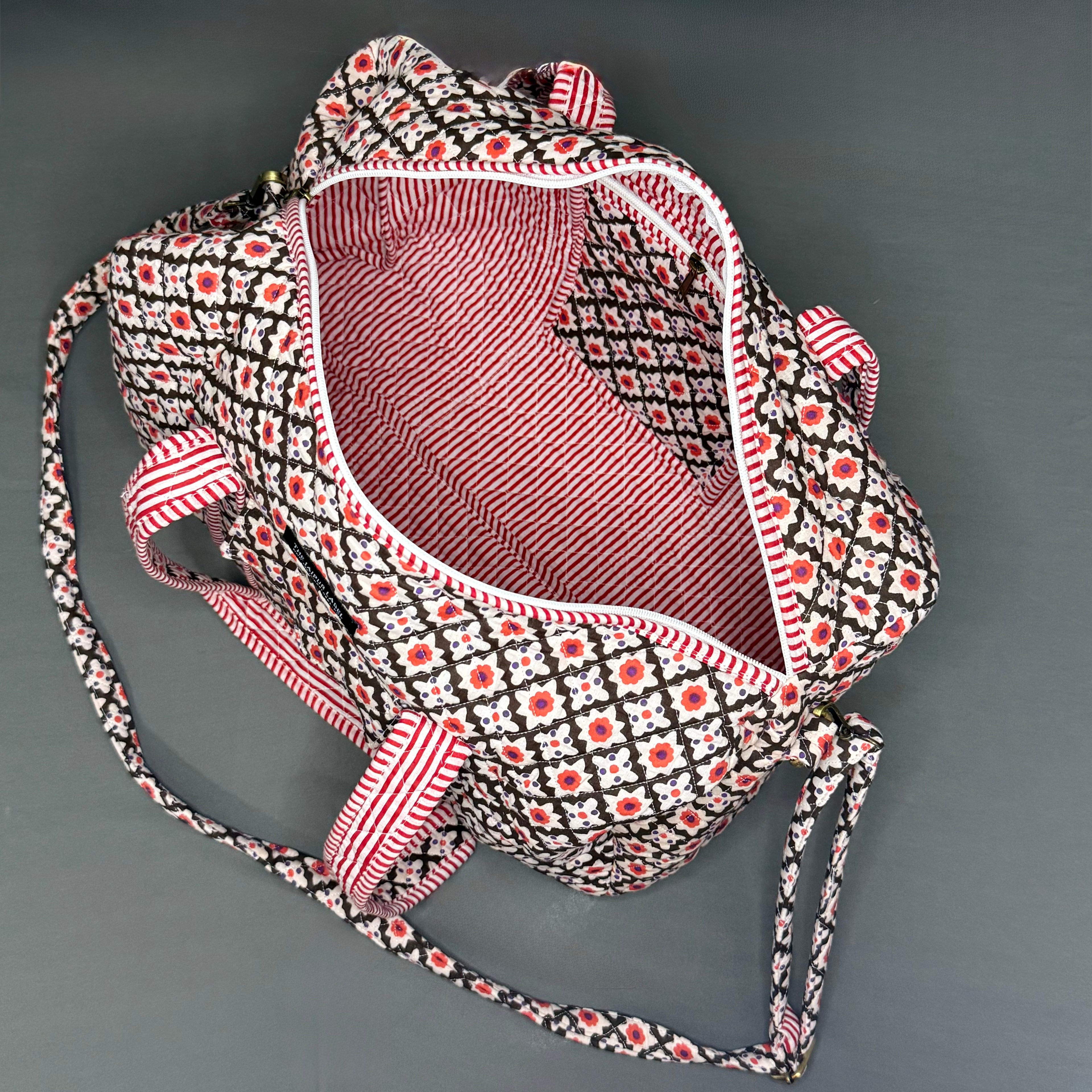 Black & Red White Floral Print Designer Pure Cotton Duffle bag