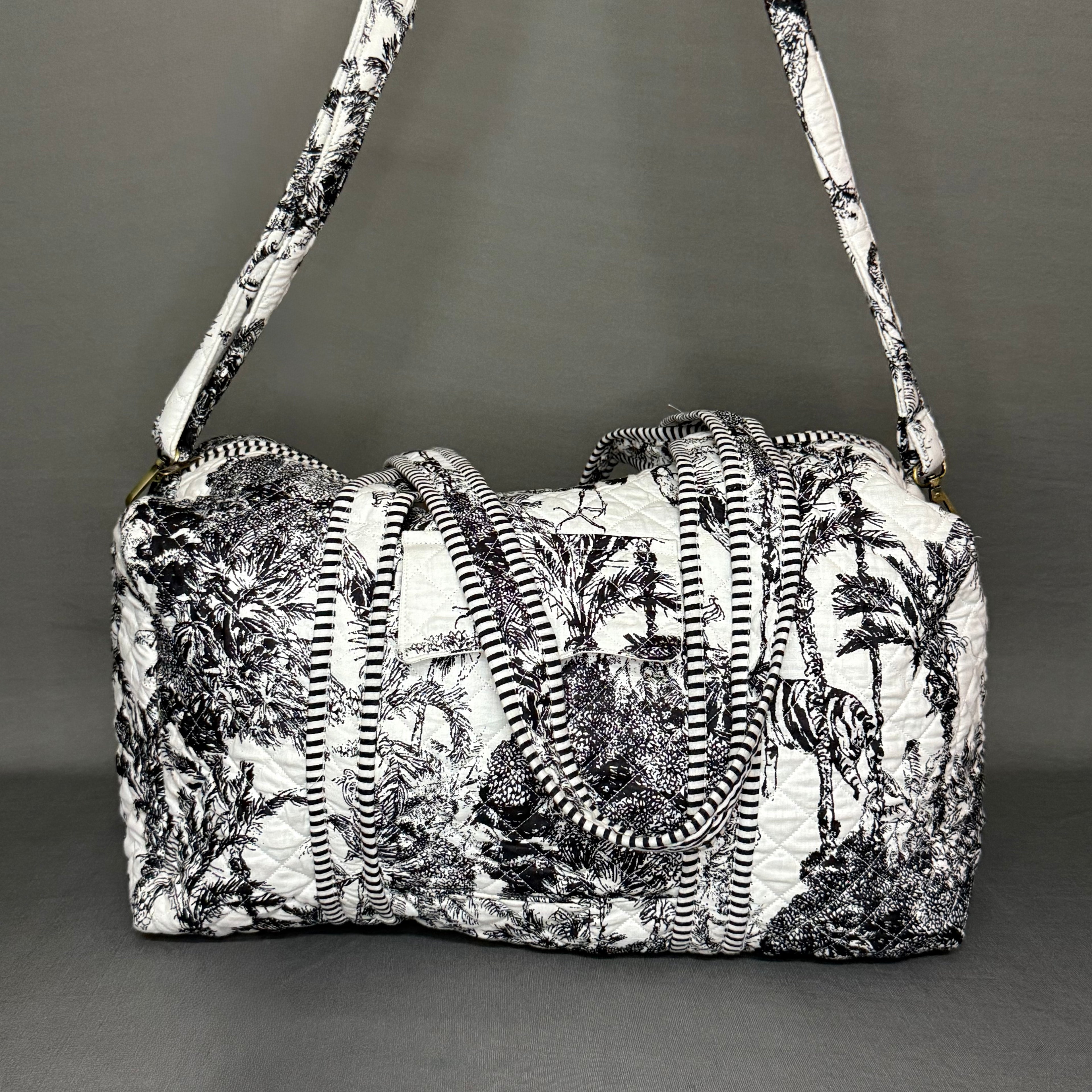Black & White Jaipur Jungle Theme Quilted Block Print Duffle Bag