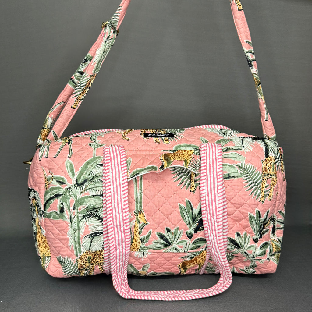 Hand Block Printed Jungle Duffle Bag – Green & Pink jungle Theme
