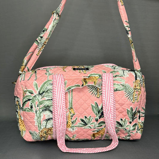Hand Block Printed Jungle Duffle Bag – Green & Pink jungle Theme