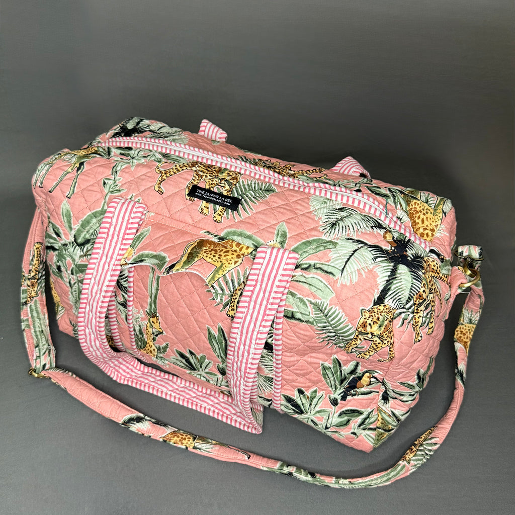 Hand Block Printed Jungle Duffle Bag – Green & Pink jungle Theme
