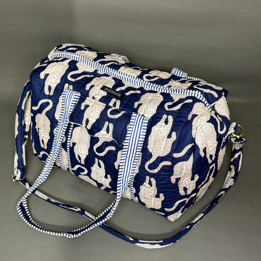 Designer Hand Block Printed Blue Duffle Bag with Tiger Print