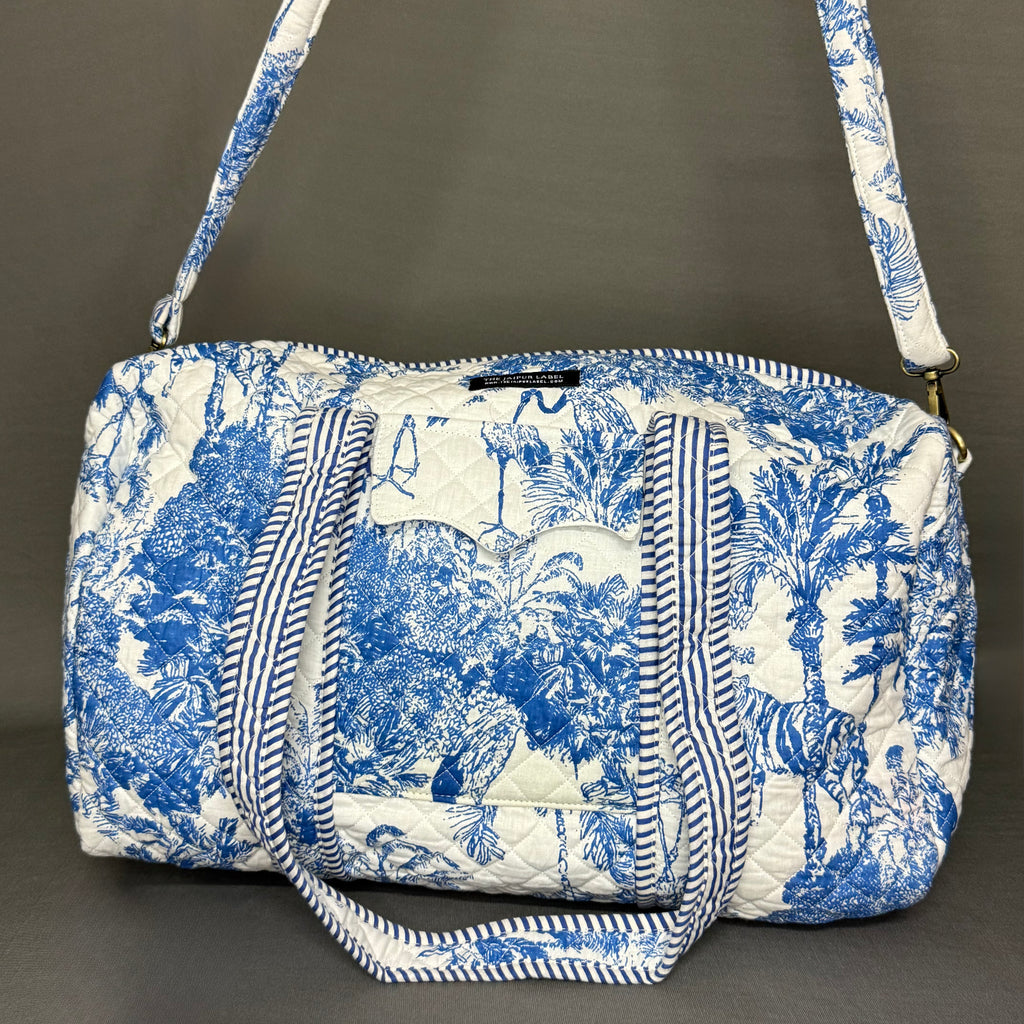 Blue & White Jungle Print Designer Block Print Cotton Duffle Bag