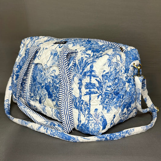 Blue & White Jungle Print Designer Block Print Cotton Duffle Bag