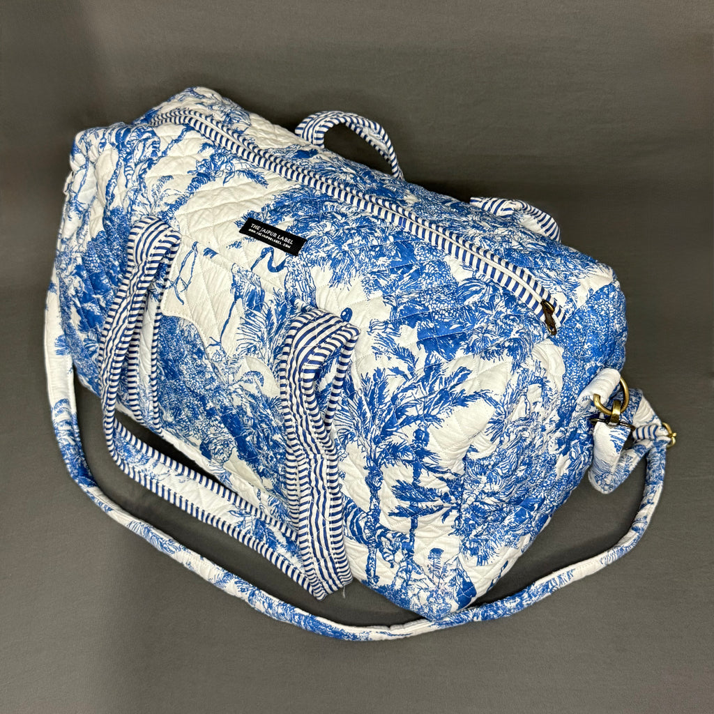 Blue & White Jungle Print Designer Block Print Cotton Duffle Bag
