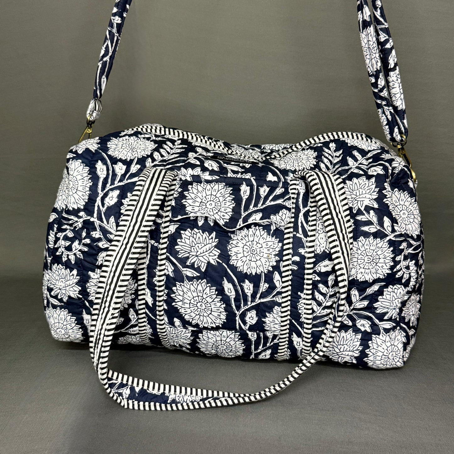 Midnight Bloom Pure Cotton Blue & white Floral Duffle Bag