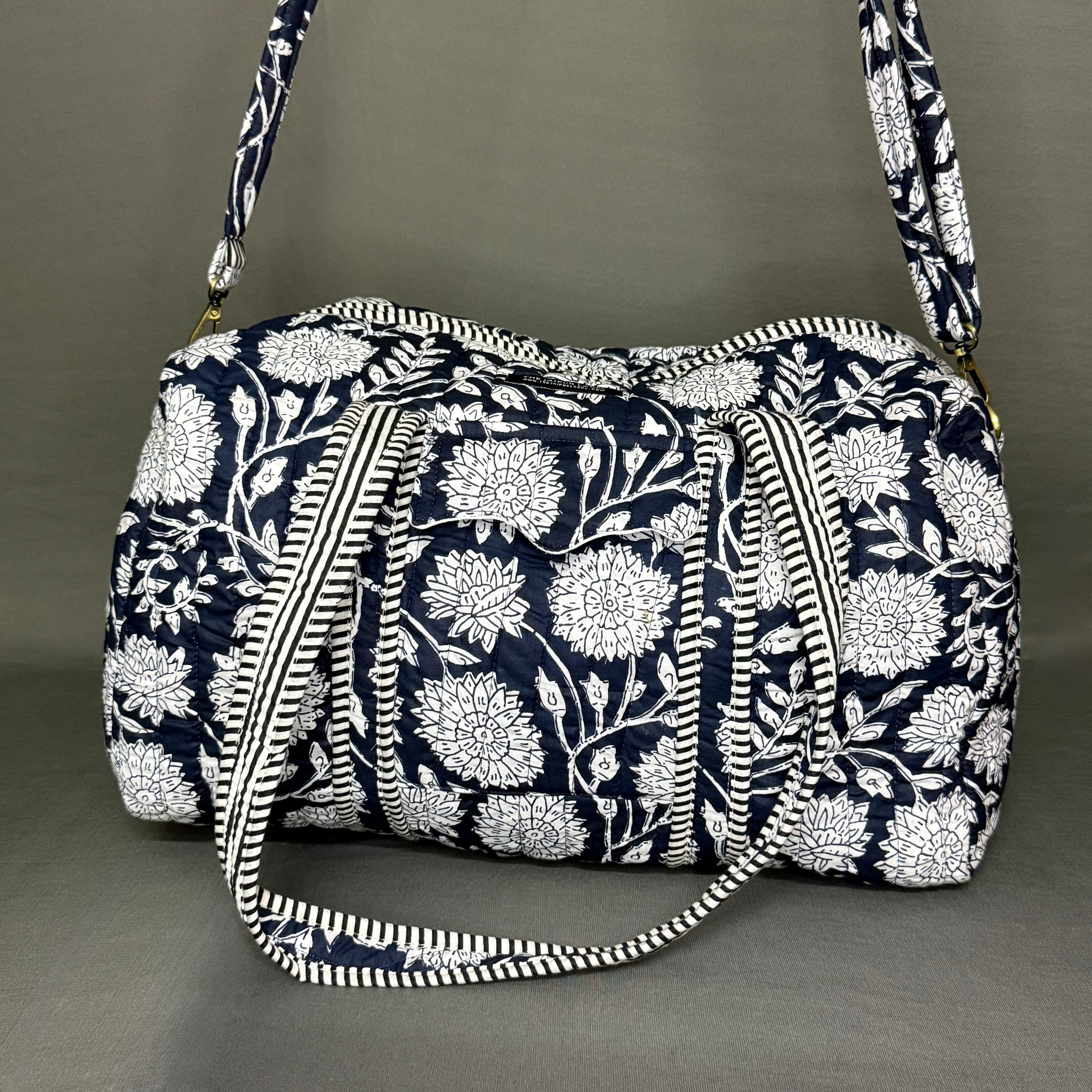 Midnight Bloom Pure Cotton Blue & white Floral Duffle Bag