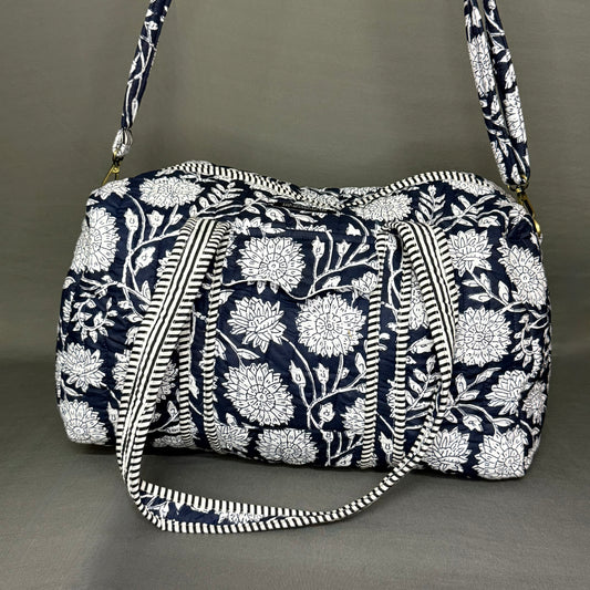 Midnight Bloom Pure Cotton Blue & white Floral Duffle Bag