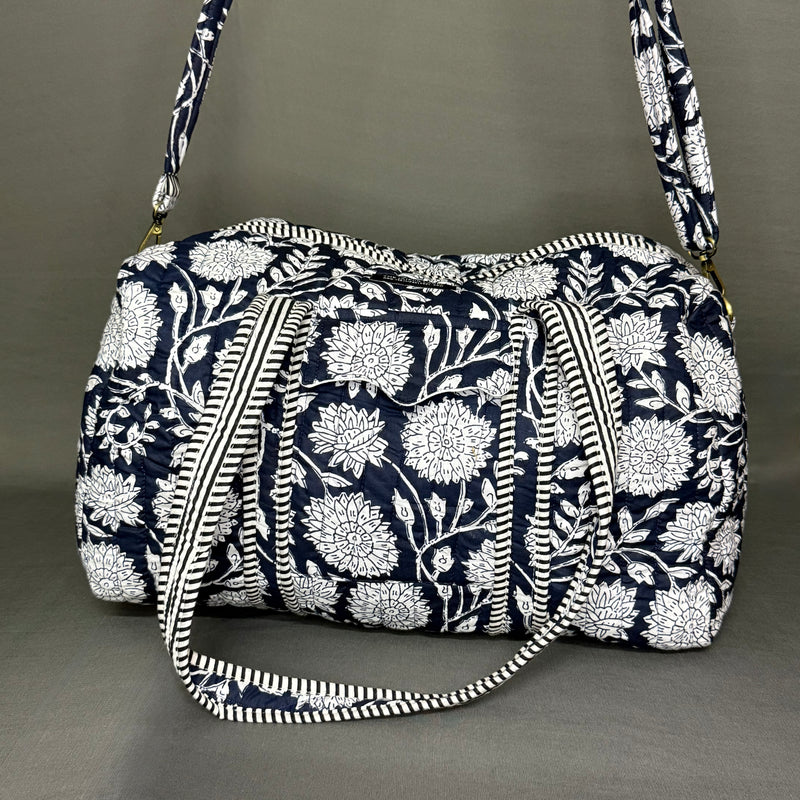Midnight Bloom Pure Cotton Blue & white Floral Duffle Bag