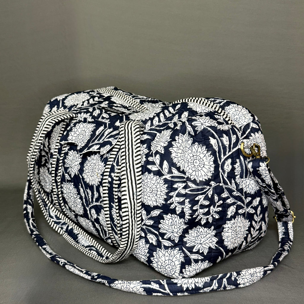 Midnight Bloom Pure Cotton Blue & white Floral Duffle Bag