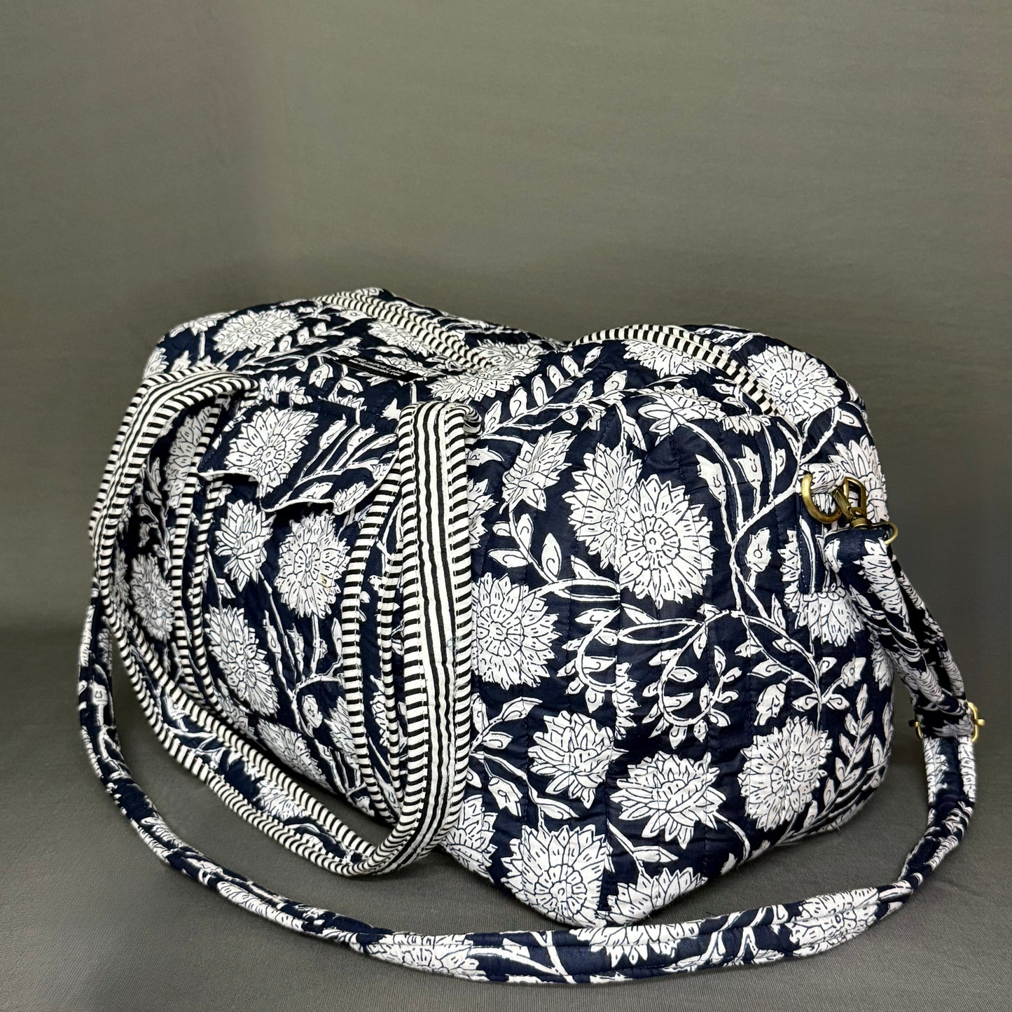 Midnight Bloom Pure Cotton Blue & white Floral Duffle Bag