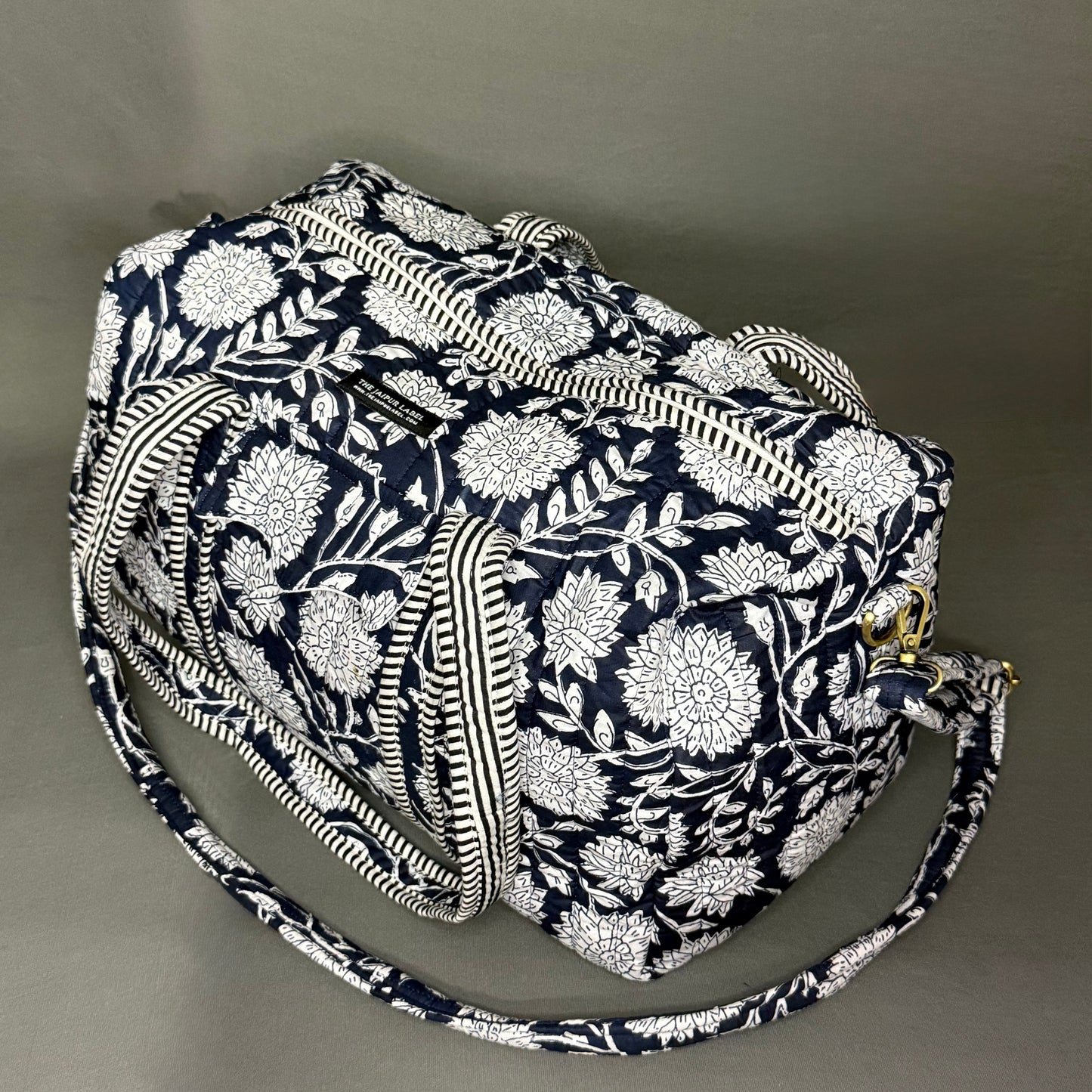 Midnight Bloom Pure Cotton Blue & white Floral Duffle Bag