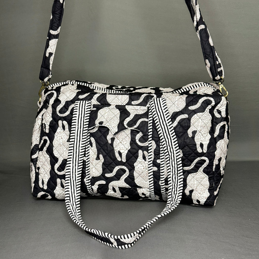 Black Chinese Tiger Block Print Hand Made Duffle Bag Ideal for Short Travel