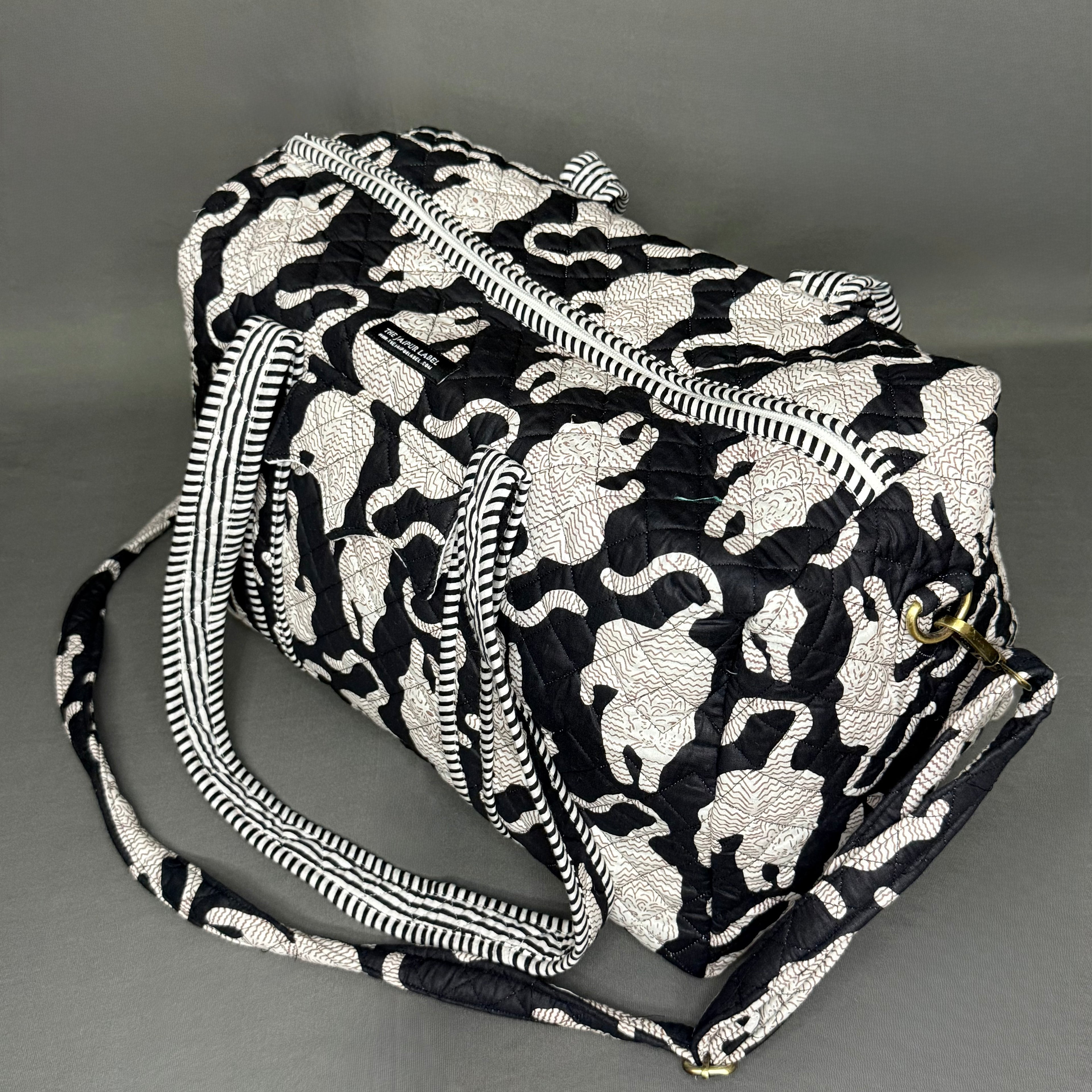 Black Chinese Tiger Block Print Hand Made Duffle Bag Ideal for Short Travel