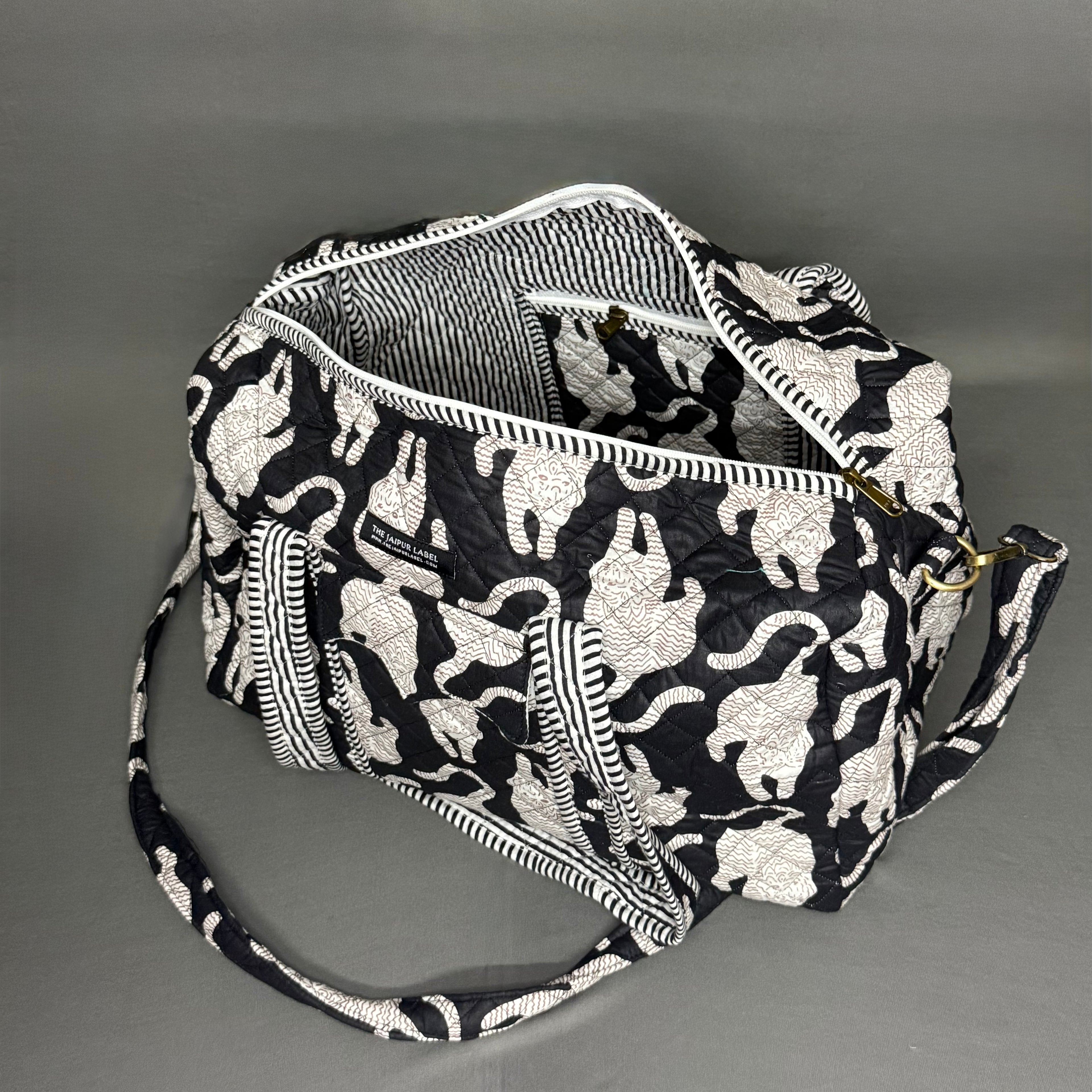 Black Chinese Tiger Block Print Hand Made Duffle Bag Ideal for Short Travel
