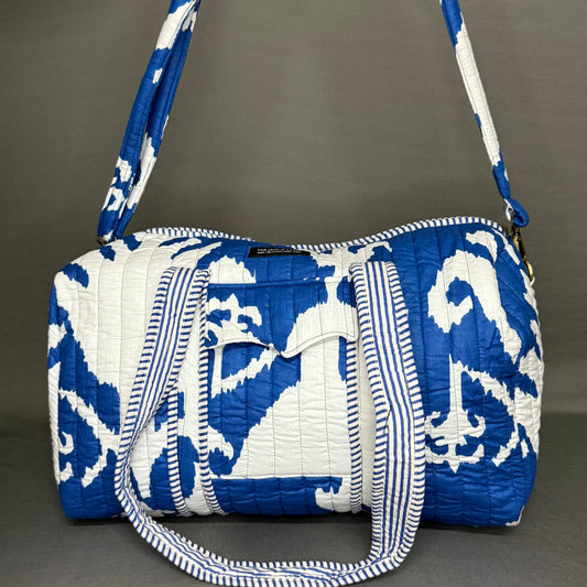 Blue White Ikkat Print Cotton Block Print Duffle Bag