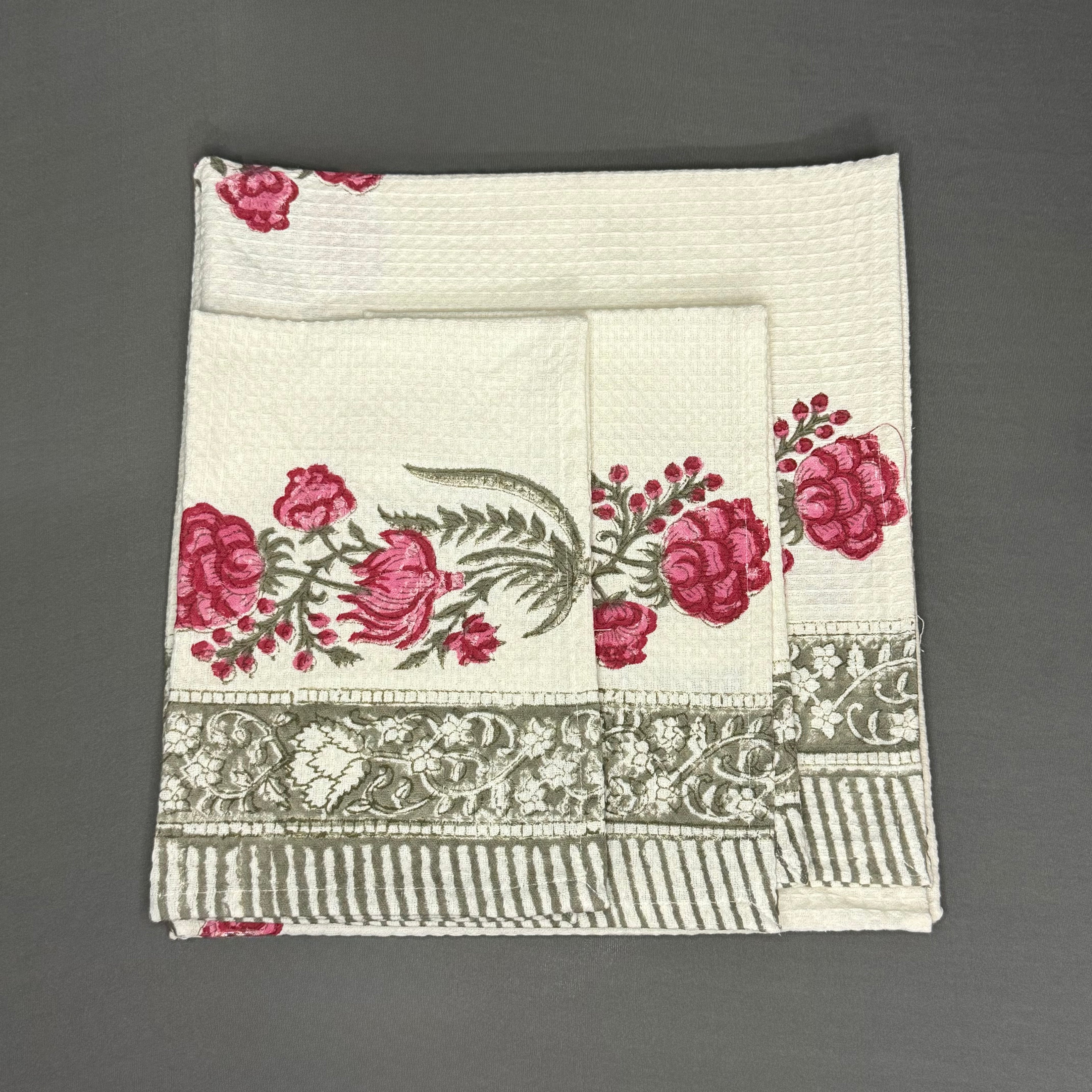 Jaipur Handcrafted Cotton Block Print Towel Set – 1 Bath + 2 Hand Towels | Floral Waffle Weave | Soft & Absorbent