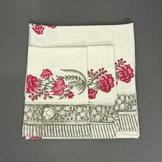Jaipur Handcrafted Cotton Block Print Towel Set – 1 Bath + 2 Hand Towels | Floral Waffle Weave | Soft & Absorbent