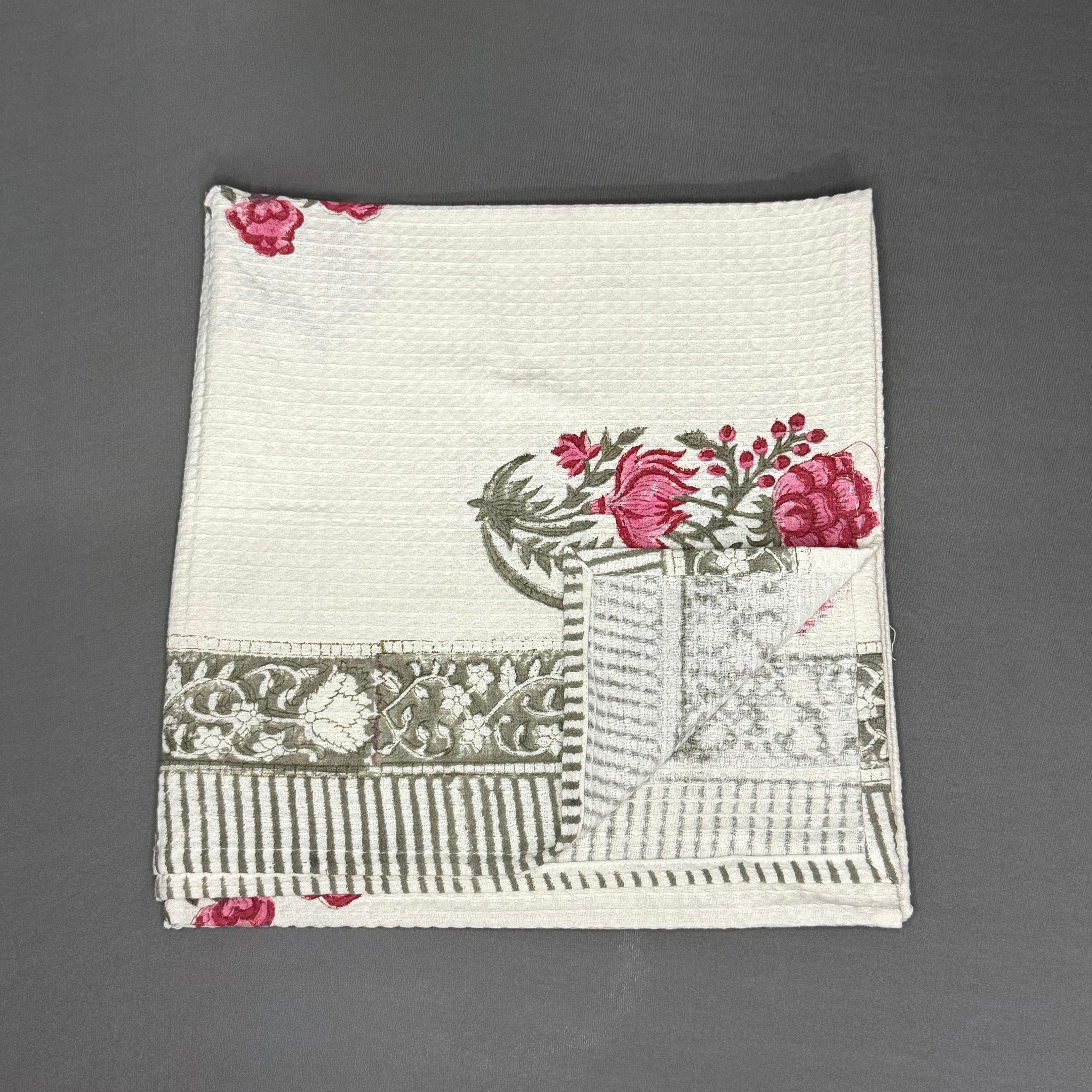 Jaipur Handcrafted Cotton Block Print Towel Set – 1 Bath + 2 Hand Towels | Floral Waffle Weave | Soft & Absorbent