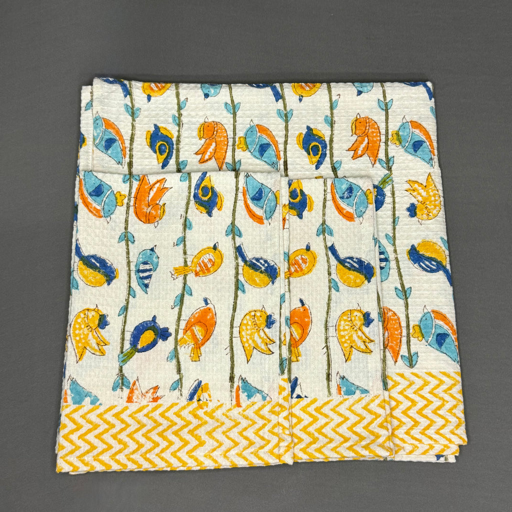 Colorful Birds Hand Block Printed Towel Set – Cotton | Waffle Weave | Jaipur VanPhool Collection