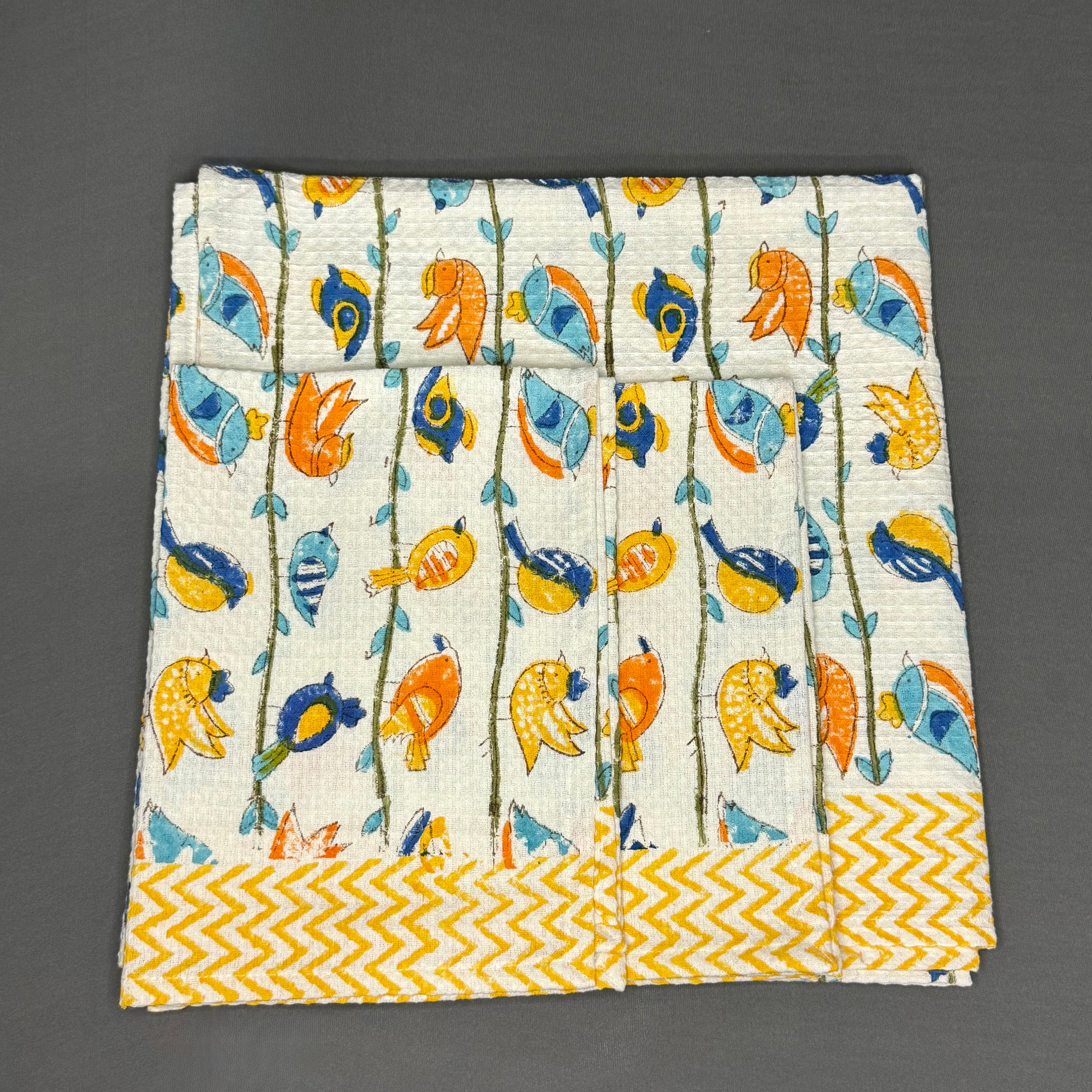 Colorful Birds Hand Block Printed Towel Set – Cotton | Waffle Weave | Jaipur VanPhool Collection