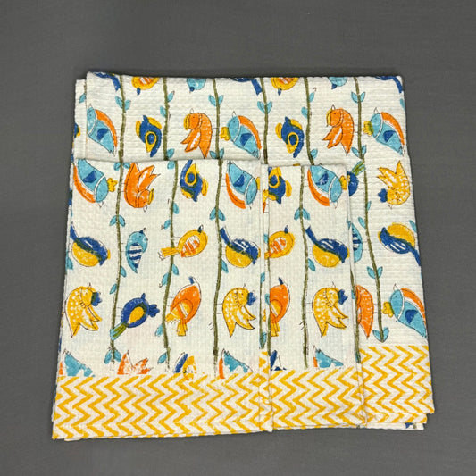 Colorful Birds Hand Block Printed Towel Set – Cotton | Waffle Weave | Jaipur VanPhool Collection