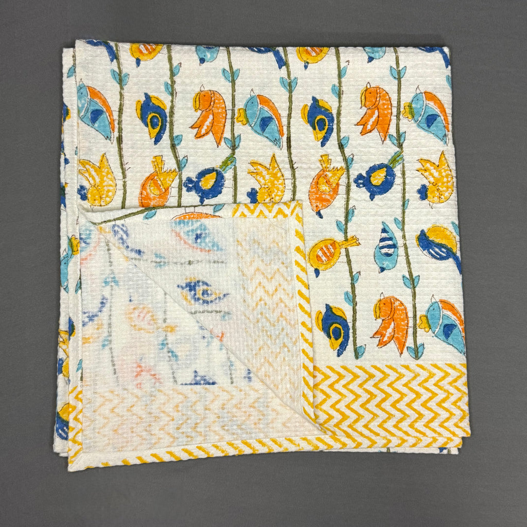 Colorful Birds Hand Block Printed Towel Set – Cotton | Waffle Weave | Jaipur VanPhool Collection