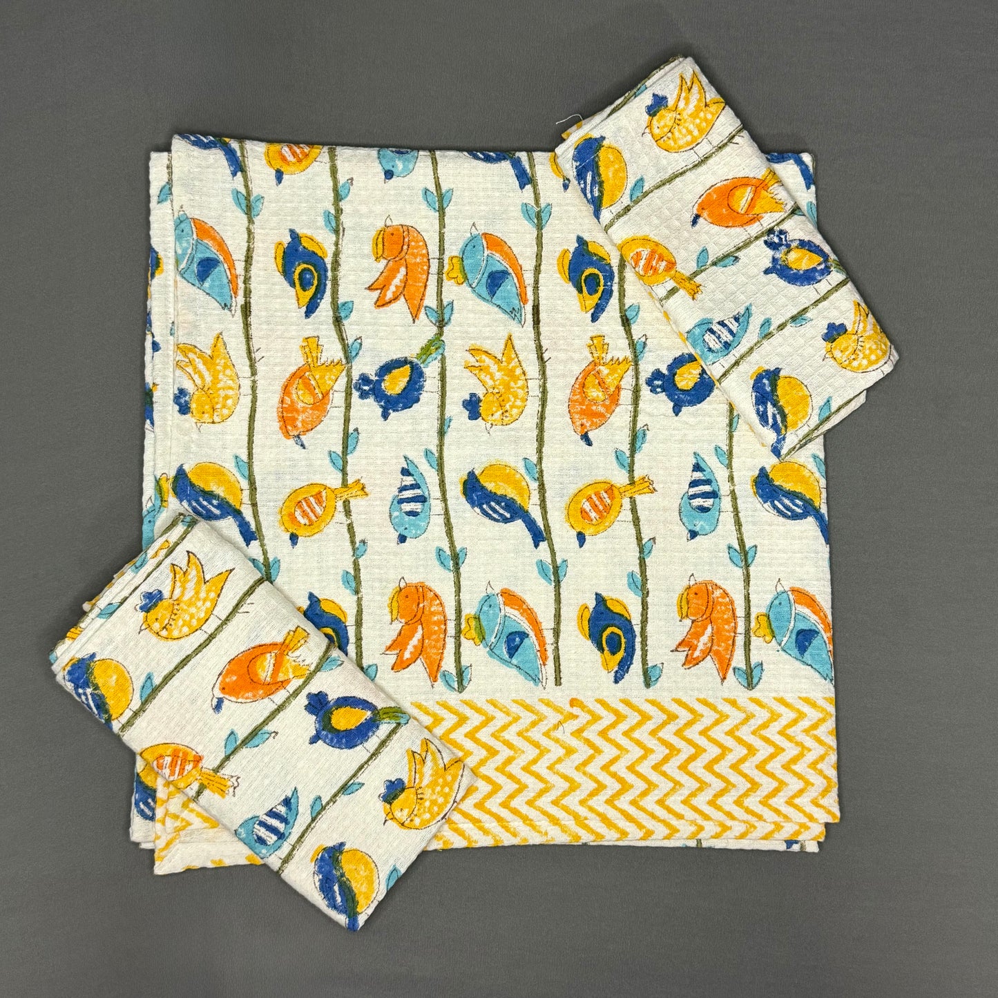 Colorful Birds Hand Block Printed Towel Set – Cotton | Waffle Weave | Jaipur VanPhool Collection