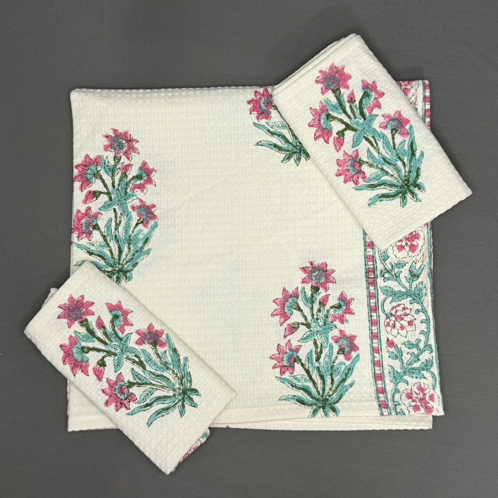 Lotus Garden Hand Block Towel Set – Pink & Teal Floral | Soft Cotton | Jaipur Van Phool Collection