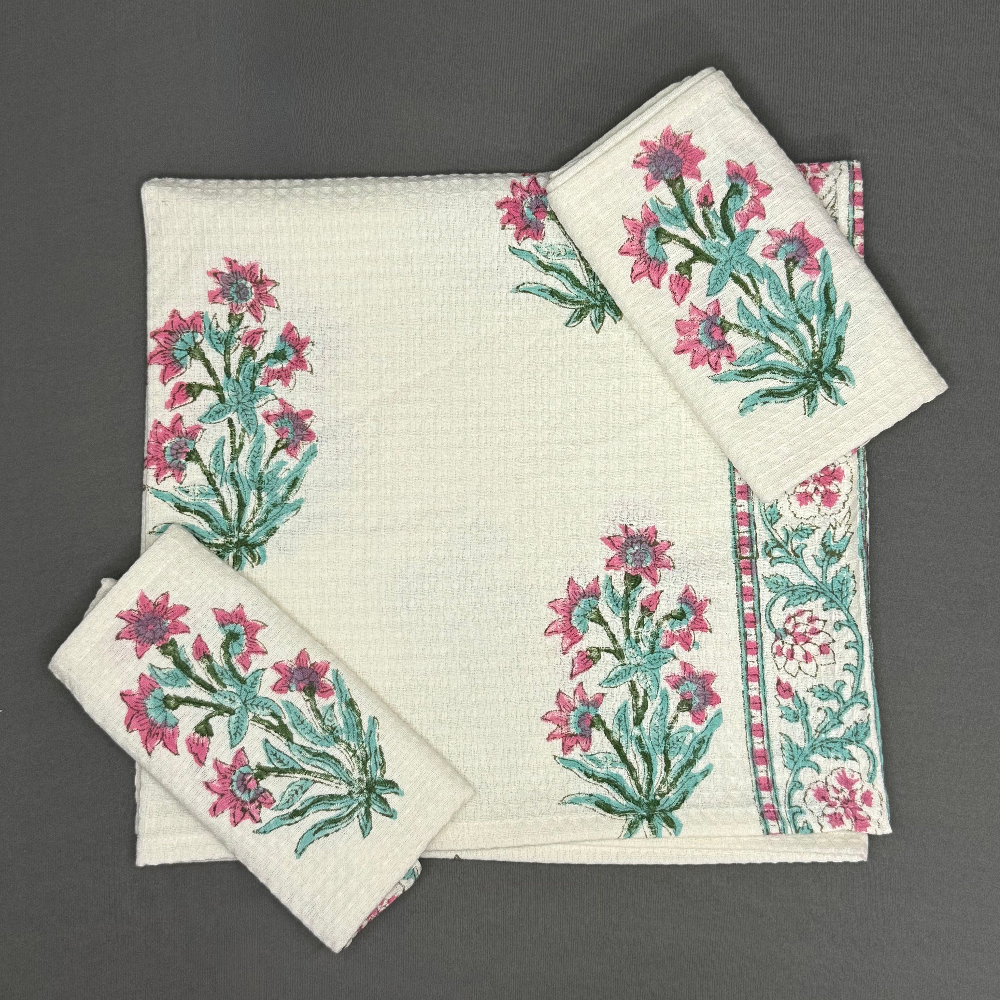 Lotus Garden Hand Block Towel Set – Pink & Teal Floral | Soft Cotton | Jaipur Van Phool Collection