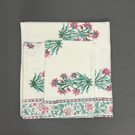 Lotus Garden Hand Block Towel Set – Pink & Teal Floral | Soft Cotton | Jaipur Van Phool Collection